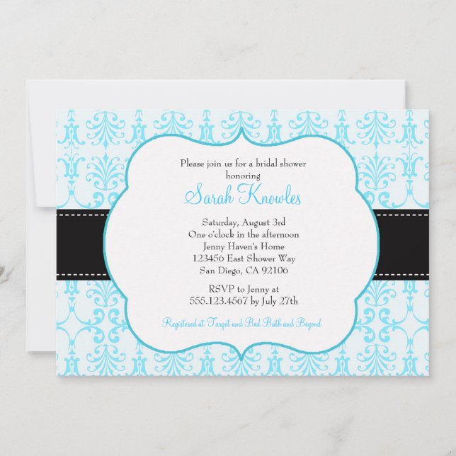 Tiffny Blue Bridal Shower Invitations Damask (Front)