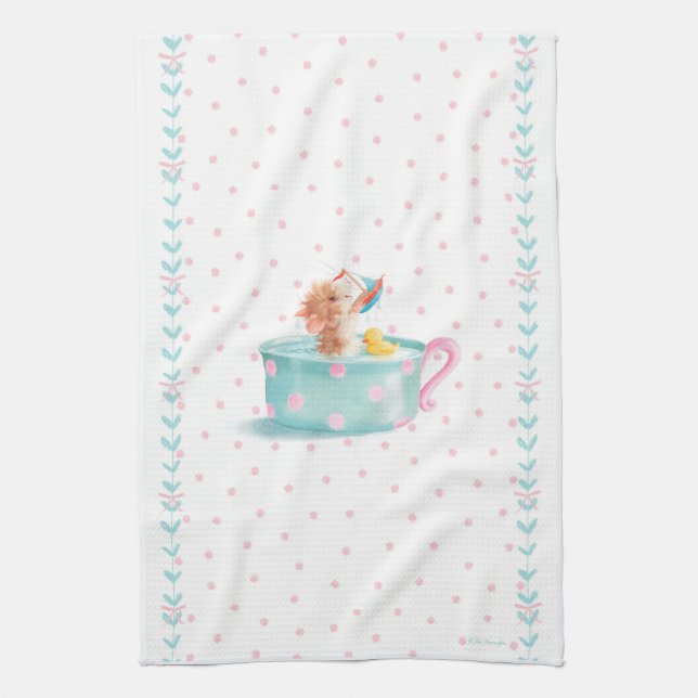 Tiffy Mouse Taking a Teacup Bath Tea Towel (Vertical)