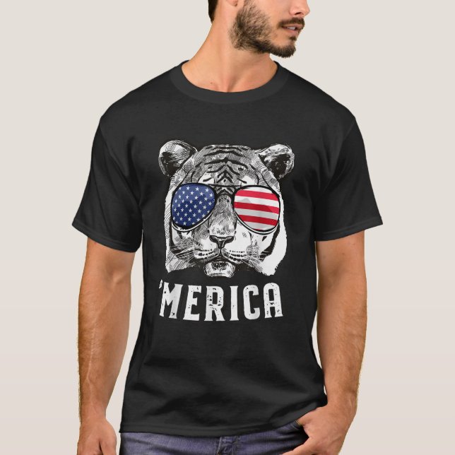 Tiger American Flag 4th of July Merica Sunglasses  T-Shirt (Front)