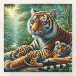 Tiger and Cub in a Lush Jungle Painting Glass Coaster