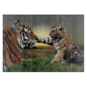 Tiger and Cub Rectangular Glass Cutting Board