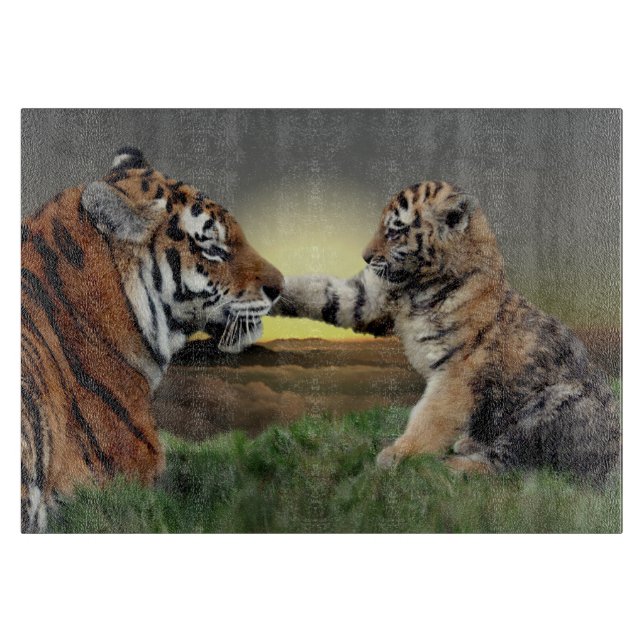 Tiger and Cub Rectangular Glass Cutting Board (Front)