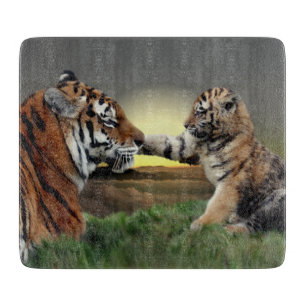 Tiger and Cub Rectangular Glass Cutting Board