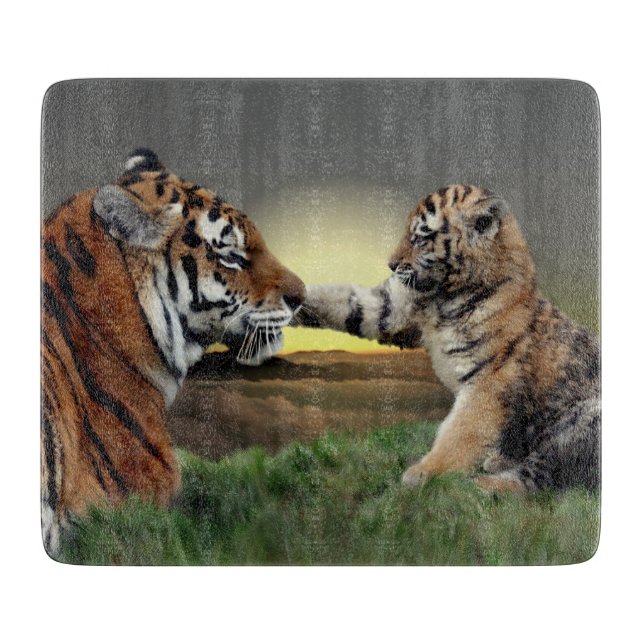 Tiger and Cub Rectangular Glass Cutting Board (Front)