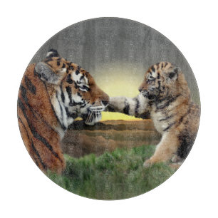 Tiger and Cub Round Glass Cutting Board