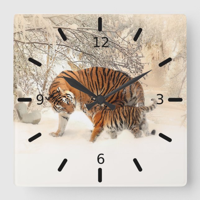 Tiger And Cub Square Wall Clock (Front)