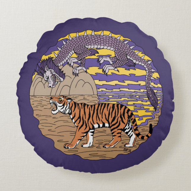 Tiger and Dragon Round Cushion (Front)