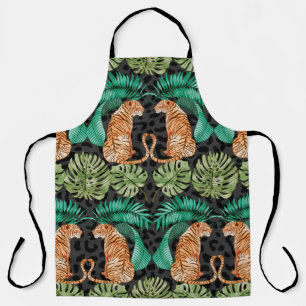 Tiger and Leaves in Watercolor Seamless Pattern Apron