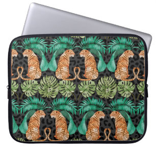 Tiger and Leaves in Watercolor Seamless Pattern Laptop Sleeve