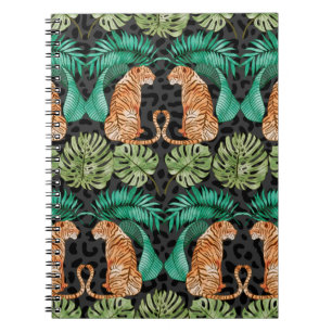 Tiger and Leaves in Watercolor Seamless Pattern Notebook