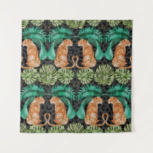 Tiger and Leaves in Watercolor Seamless Pattern Tapestry
