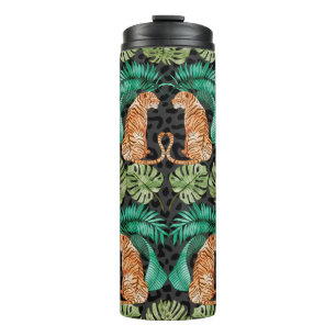 Tiger and Leaves in Watercolor Seamless Pattern Thermal Tumbler
