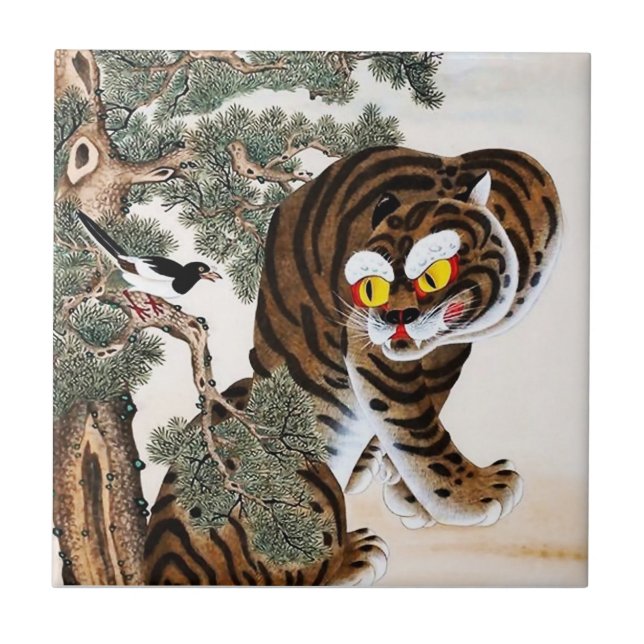 Tiger and Magpie Minhwa under Pine Tree Ceramic Tile (Front)