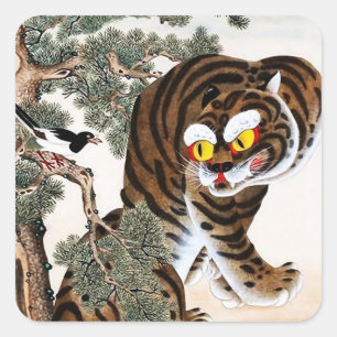 Tiger and Magpie Minhwa under Pine Tree Square Sticker