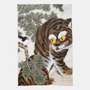 Tiger and Magpie Minhwa under Pine Tree Tea Towel