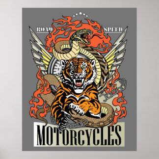 Tiger and snake. Speedway Motorcycle Biker club Poster