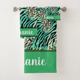 Tiger and zebra print  green  and tan animal print bath towel set