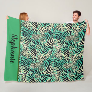 Tiger and zebra print green and tan animal print fleece blanket