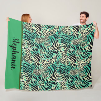 Tiger and zebra print green and tan animal print fleece blanket