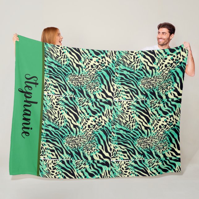 Tiger and zebra print  green  and tan animal print fleece blanket (In Situ)