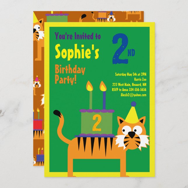 Tiger Animal Kid's Birthday Party Invitations (Front/Back)
