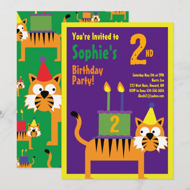 Tiger Animal Kid's Birthday Party Invitations (Front/Back)