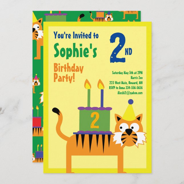 Tiger Animal Kid's Birthday Party Invitations (Front/Back)