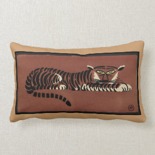 Tiger - Antiquarian, Colourful Book Illustration Lumbar Cushion