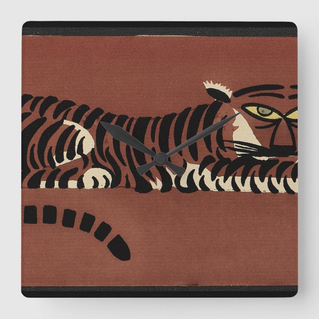 Tiger - Antiquarian, Colourful Book Illustration Square Wall Clock (Front)