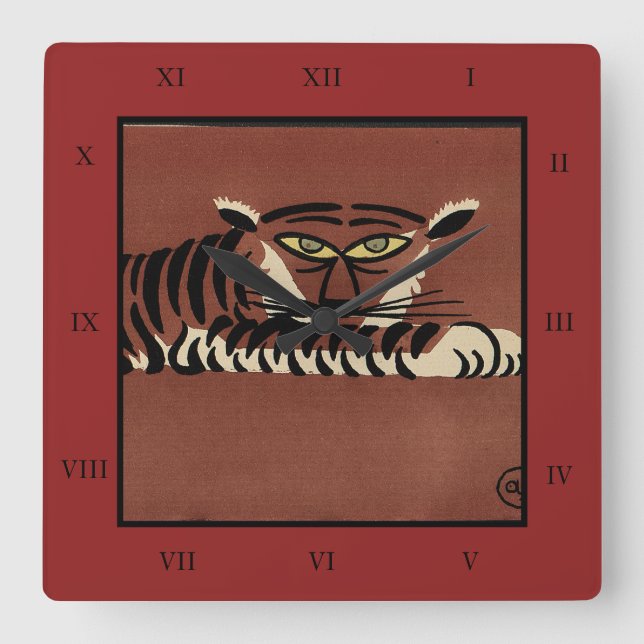 Tiger - Antiquarian, Colourful Book Illustration Square Wall Clock (Front)