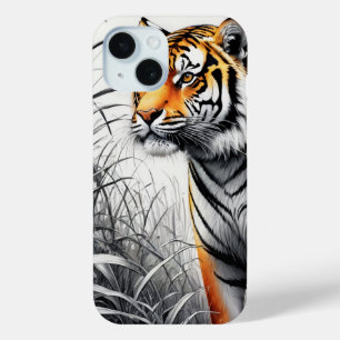 Tiger Art Color Partial Black White Drawing iPhone 15 Case