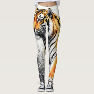 Tiger Art Color Partial Black White Drawing Leggings