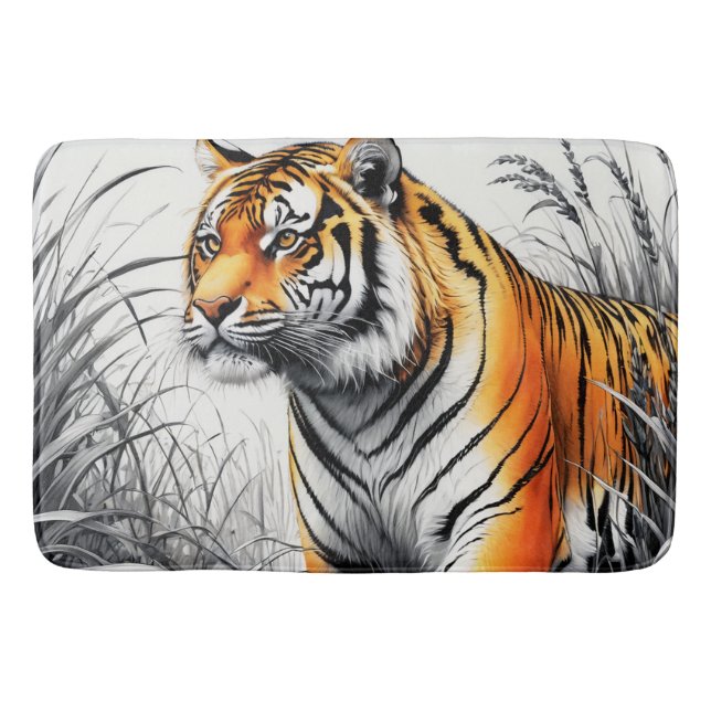 Tiger Art Colour Partial Black White Drawing Bath Mat (Front)