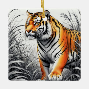 Tiger Art Colour Partial Black White Drawing Ceramic Ornament