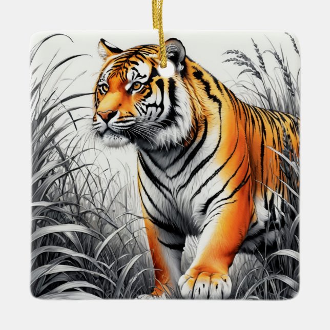 Tiger Art Colour Partial Black White Drawing Ceramic Ornament (Front)