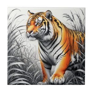 Tiger Art Colour Partial Black White Drawing Ceramic Tile