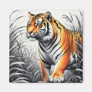 Tiger Art Colour Partial Black White Drawing Magnet