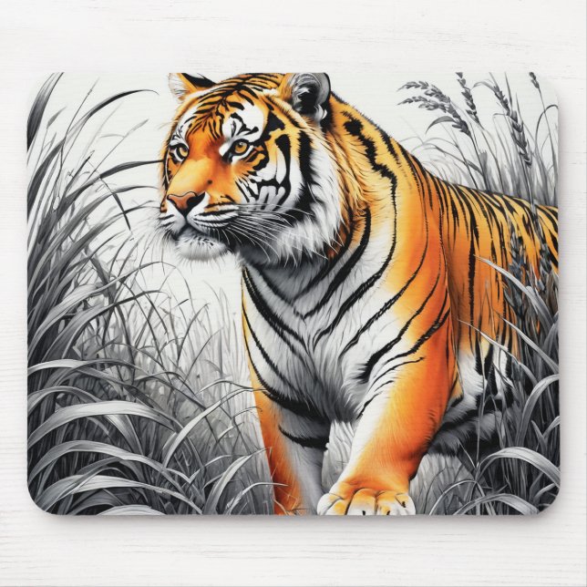 Tiger Art Colour Partial Black White Drawing Mouse Pad (Front)