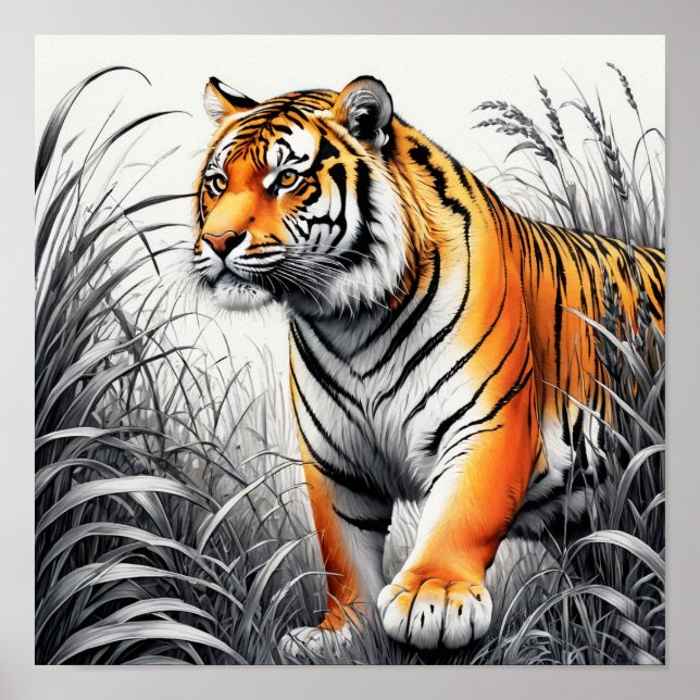 Tiger Art Colour Partial Black White Drawing Poster (Front)