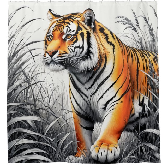 Tiger Art Colour Partial Black White Drawing Shower Curtain (Front)