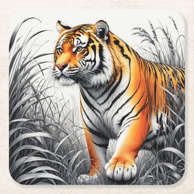 Tiger Art Colour Partial Black White Drawing Square Paper Coaster (Front)