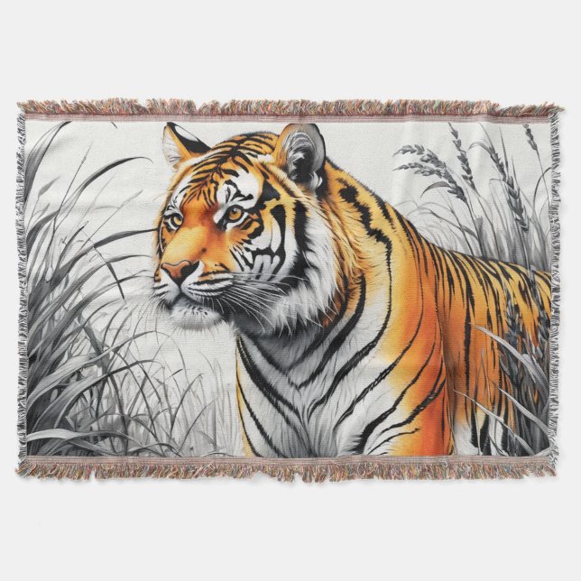 Tiger Art Colour Partial Black White Drawing Throw Blanket (Front)