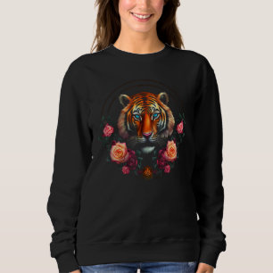 Tiger Artwork Flowers - Blue Eyes - Animal Art Tig Sweatshirt