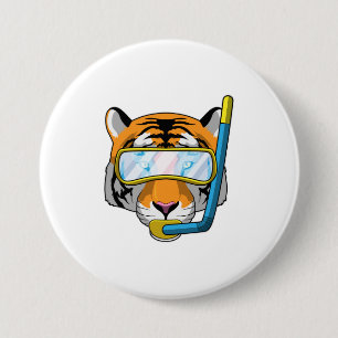 Tiger as Diver with Snorkel 7.5 Cm Round Badge