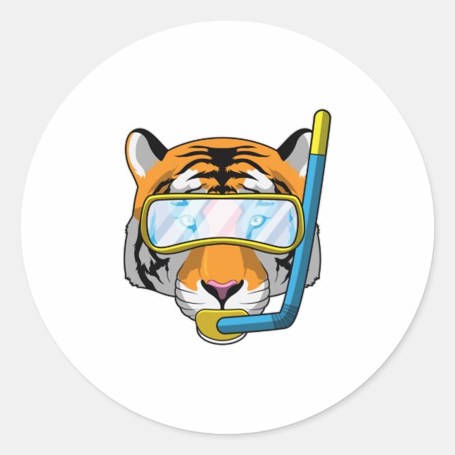 Tiger as Diver with Snorkel Classic Round Sticker (Front)