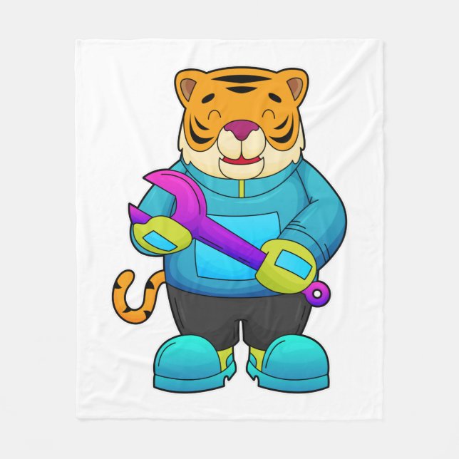 Tiger as Mechanic with Wrench Fleece Blanket (Front)