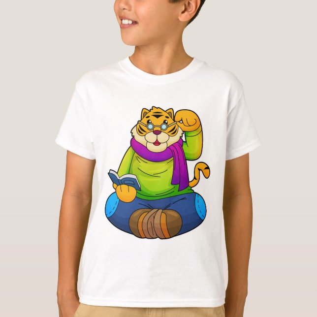Tiger as Nerd with Book T-Shirt (Front)