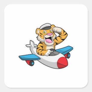 Tiger as Pilot in Plane Square Sticker
