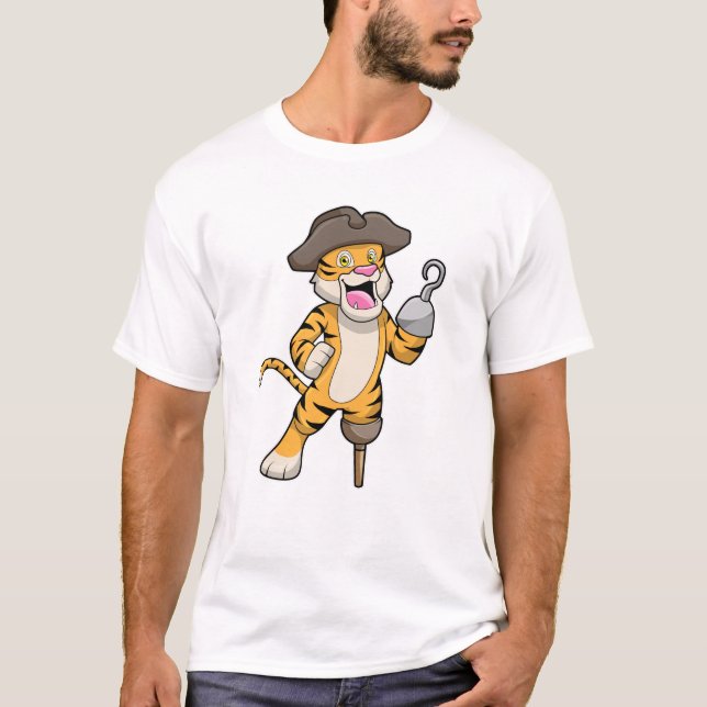 Tiger as Pirate with Wooden leg & Hooked hand T-Shirt (Front)