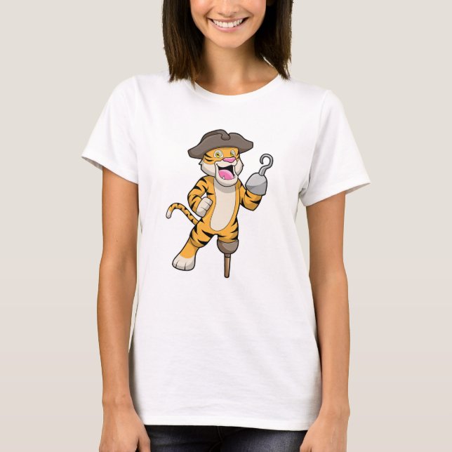 Tiger as Pirate with Wooden leg & Hooked hand T-Shirt (Front)